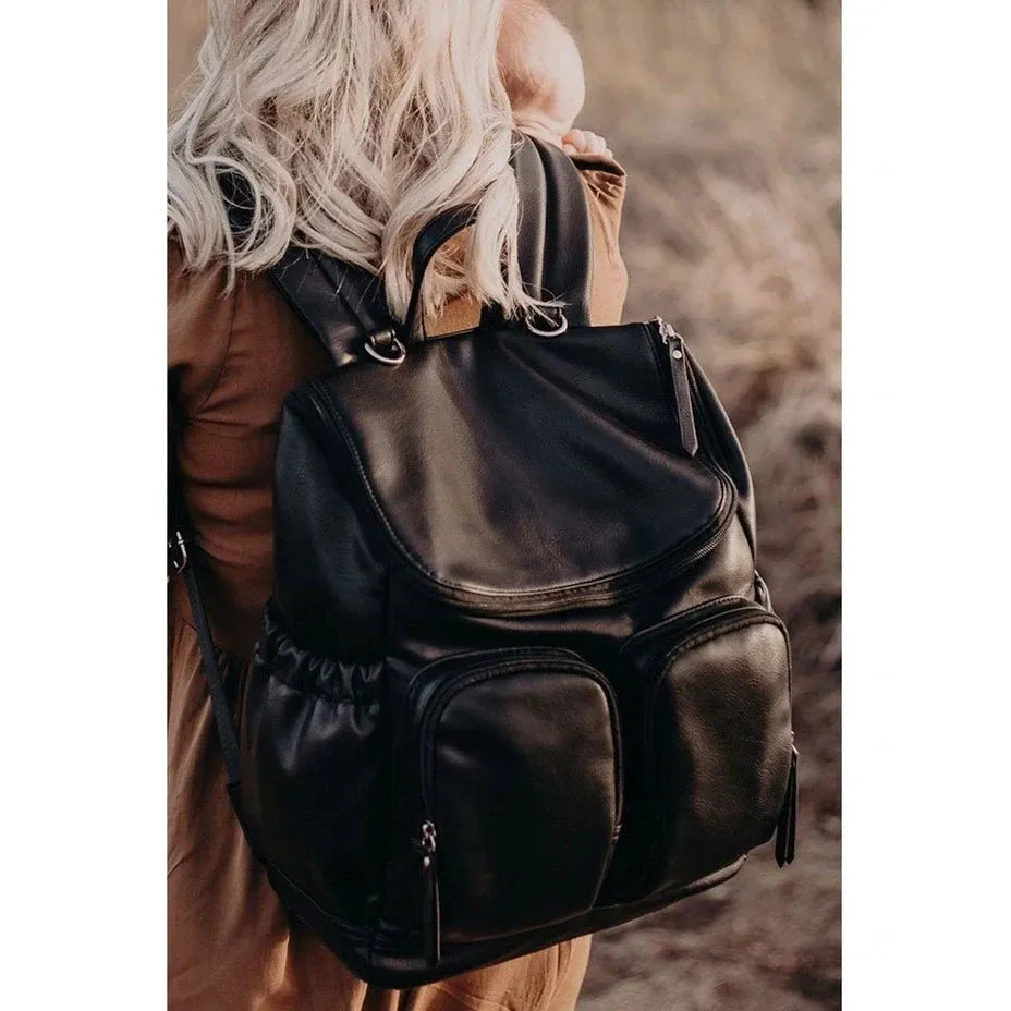 black leather nappy backpack The Everyday Diaper in Vegan style energy with real Sofia Nappy Bag Backpack |