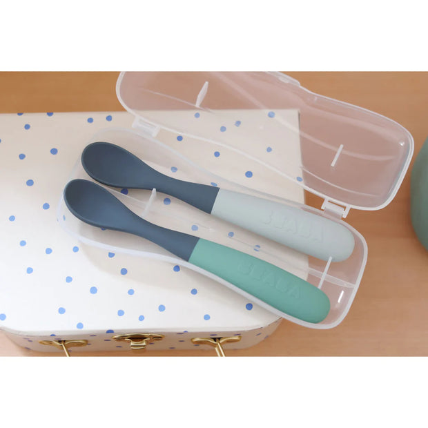 1st Age Silicone Spoons Two-tone Travel Set with case - Mineral/Sage Green