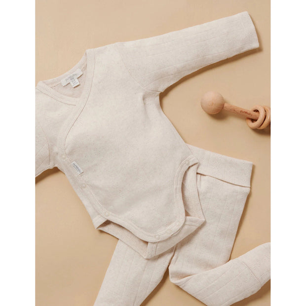 Pointelle Long Sleeve Wrap Bodysuit - Wheat Melange