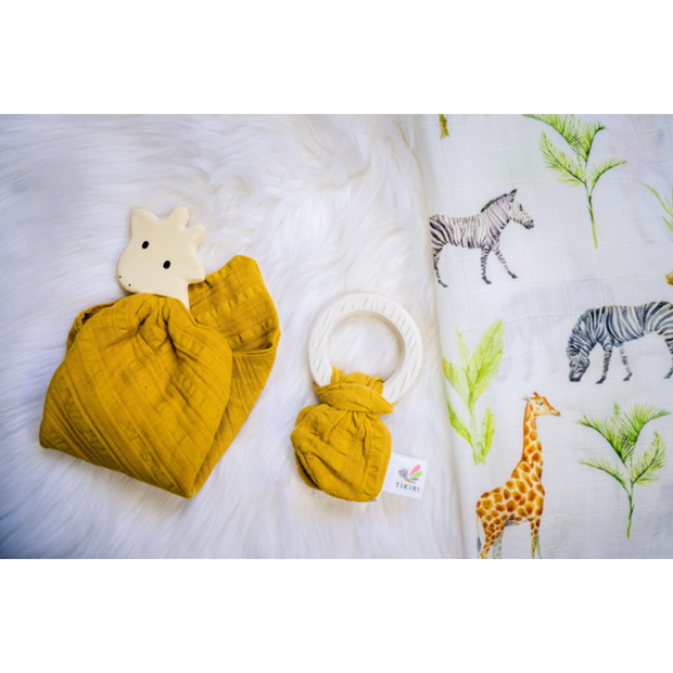 Natural Rubber Teether with Muslin Tie