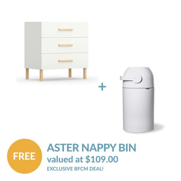 Torquay Chest - White/Natural + FREE Aster Nappy Bin