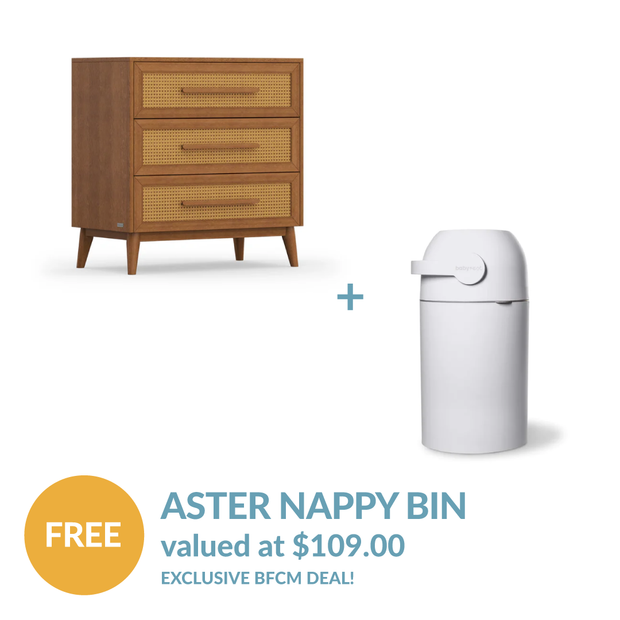 Kaya Chest 3 Drawer + FREE Aster Nappy Bin