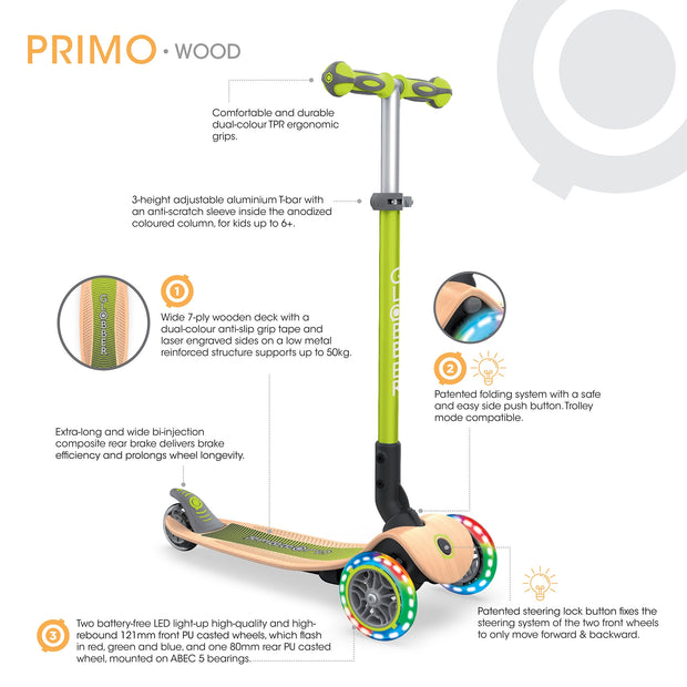 PRIMO Foldable Wood Scooter Light 3 Wheel VARIOUS COLOURS